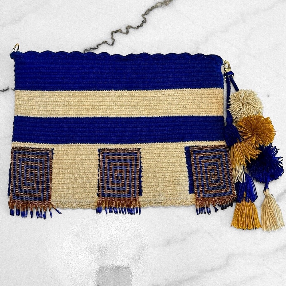 Clutch Bag Medium Cream Blue Knit Beaded Tassels Pom Gold Zip Snake Greek